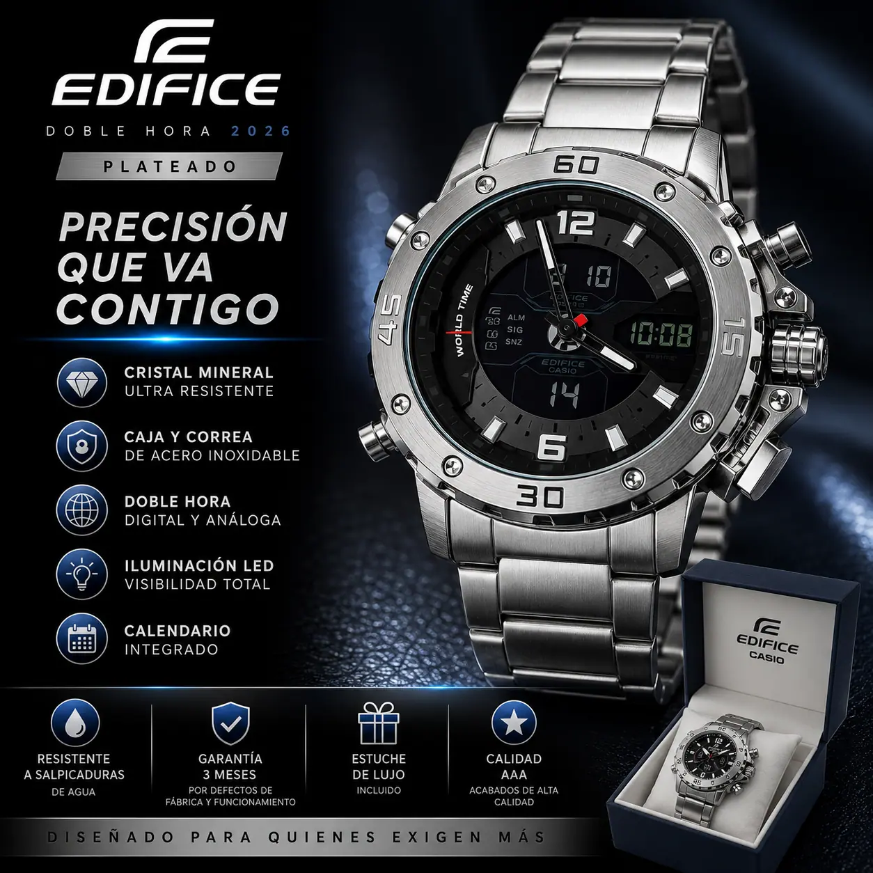 EDIFICE DOBLE HORA 2025 PLATEADO + Estuche de lujo - Imagen 2