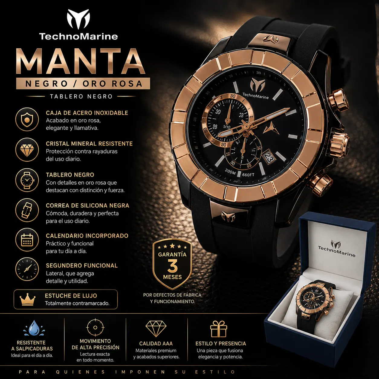 Technomarine Manta Negro/Oro rosa + Estuche de lujo - Imagen 2